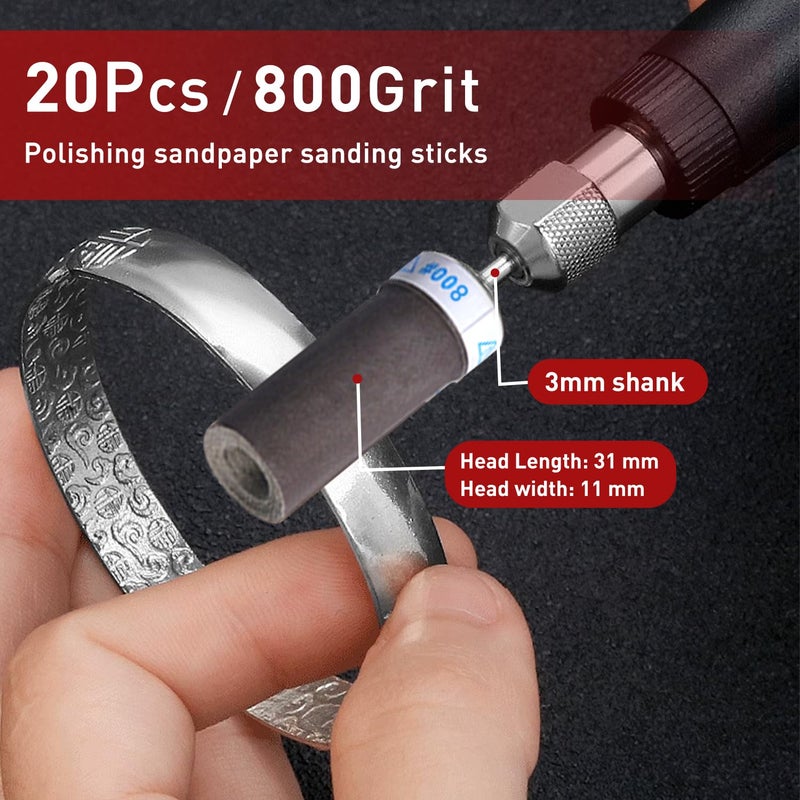 PONTASS 20Pcs 800 Grit Sanding Drums Sandpaper Sticks Set with 1/8"(3mm) Shank for Dremel Rotary Tool, Suitable for Metal Rust Removal/Jade Polishing/Stone Grinding - Image 3